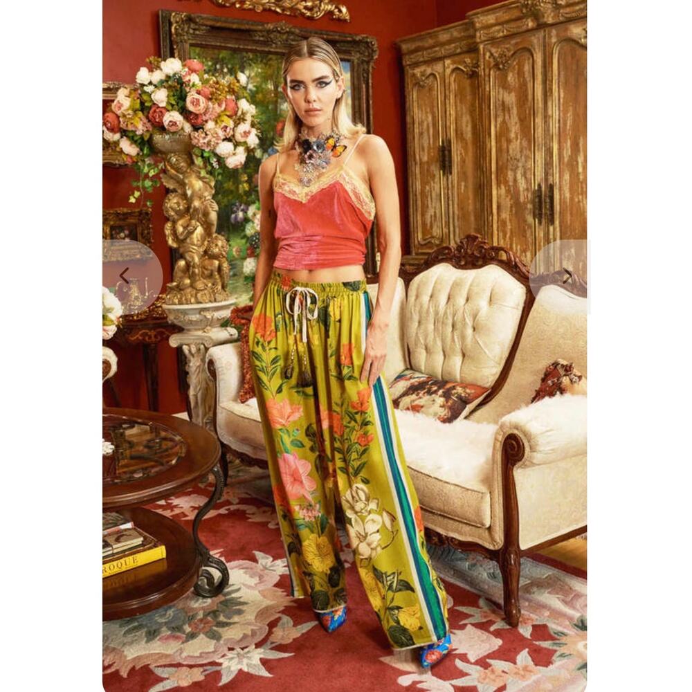 Arratta French Riviera pants bright green floral wide leg size medium